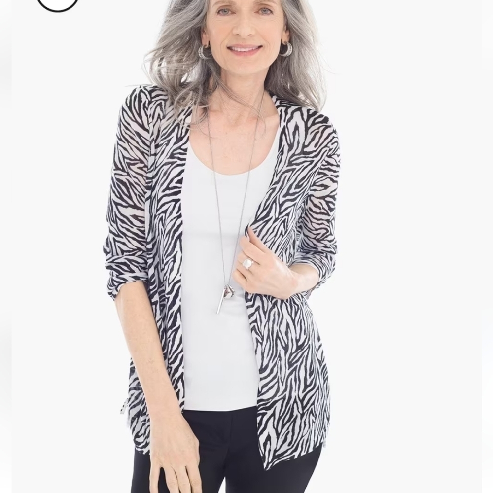 Chico's Zebra Print Open Front Cardigan Textured Trim Lightweight Slinky